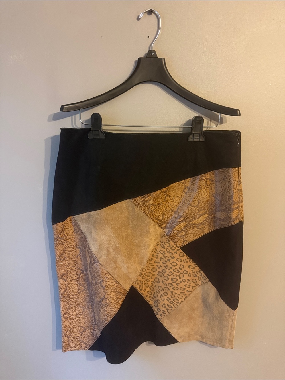 Vintage Margaret Godfrey Patchwork Leather Skirt. Animal Print. Size 12.